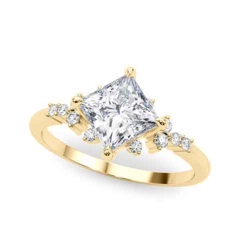 Yellow gold Princess Cut Diamond Ring with Side Stones on a White Gold Band and Four-Prong Setting