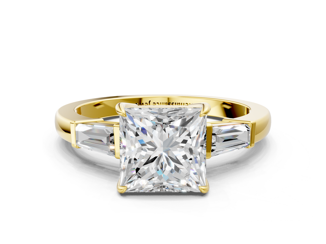 Yellow gold Princess Cut Diamond Ring with Tapered Baguette Side Stones in Four-Prong Setting_27
