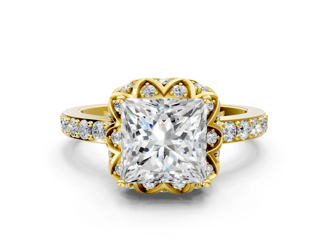 Yellow gold Princess Cut Diamond Scalloped Halo Engagement Ring with Round Shared Prong Band_12