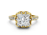 Yellow gold Princess Cut Diamond Scalloped Halo Engagement Ring with Round Shared Prong Band_12