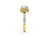 Yellow gold Princess Cut Diamond Scalloped Halo Engagement Ring with Round Shared Prong Band_14
