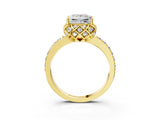 Yellow gold Princess Cut Diamond Scalloped Halo Engagement Ring with Round Shared Prong Band_15
