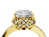 Yellow gold Princess Cut Diamond Scalloped Halo Engagement Ring with Round Shared Prong Band_16