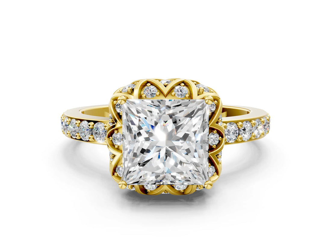 Yellow gold Princess Cut Diamond Scalloped Halo Engagement Ring with Round Shared Prong Band_24