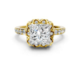 Yellow gold Princess Cut Diamond Scalloped Halo Engagement Ring with Round Shared Prong Band_24