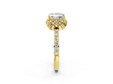 Yellow gold Princess Cut Diamond Scalloped Halo Engagement Ring with Round Shared Prong Band_26