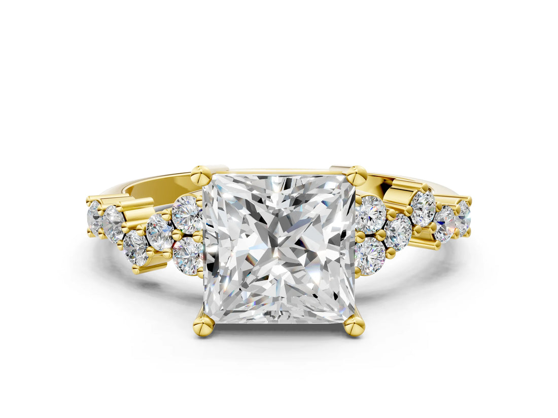Yellow gold Princess Cut Diamond Scattered Round Accent Ring with Prong Setting_12
