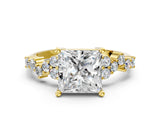 Yellow gold Princess Cut Diamond Scattered Round Accent Ring with Prong Setting_12