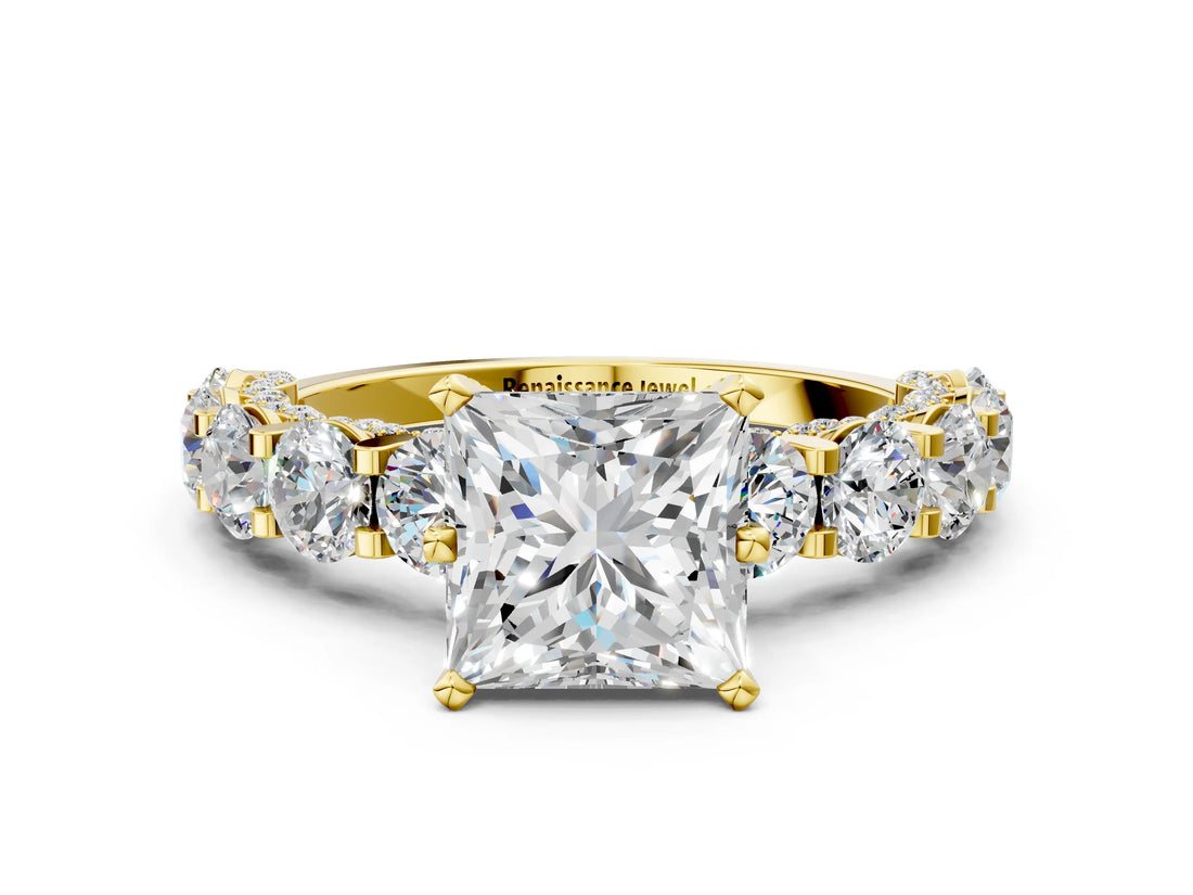 Yellow gold Princess Cut Diamond Side Stone Engagement Ring with Four-Prong Setting_24