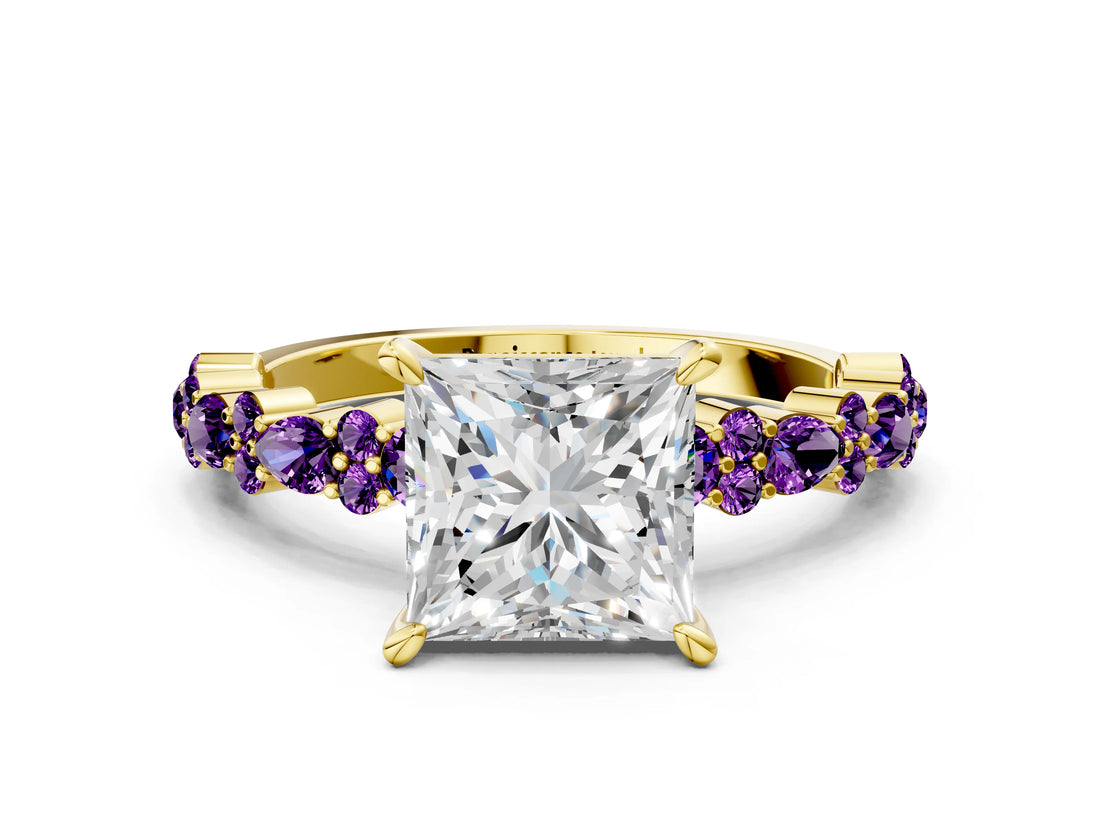 Yellow gold Princess Cut Diamond Side Stone Solitaire Ring with Round with Amethyst side stone and Four-Prong Setting