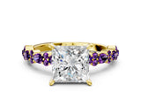 Yellow gold Princess Cut Diamond Side Stone Solitaire Ring with Round with Amethyst side stone and Four-Prong Setting