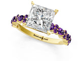 Yellow gold Princess Cut Diamond Side Stone Solitaire Ring with Round with Amethyst side stone and Four-Prong Setting_1
