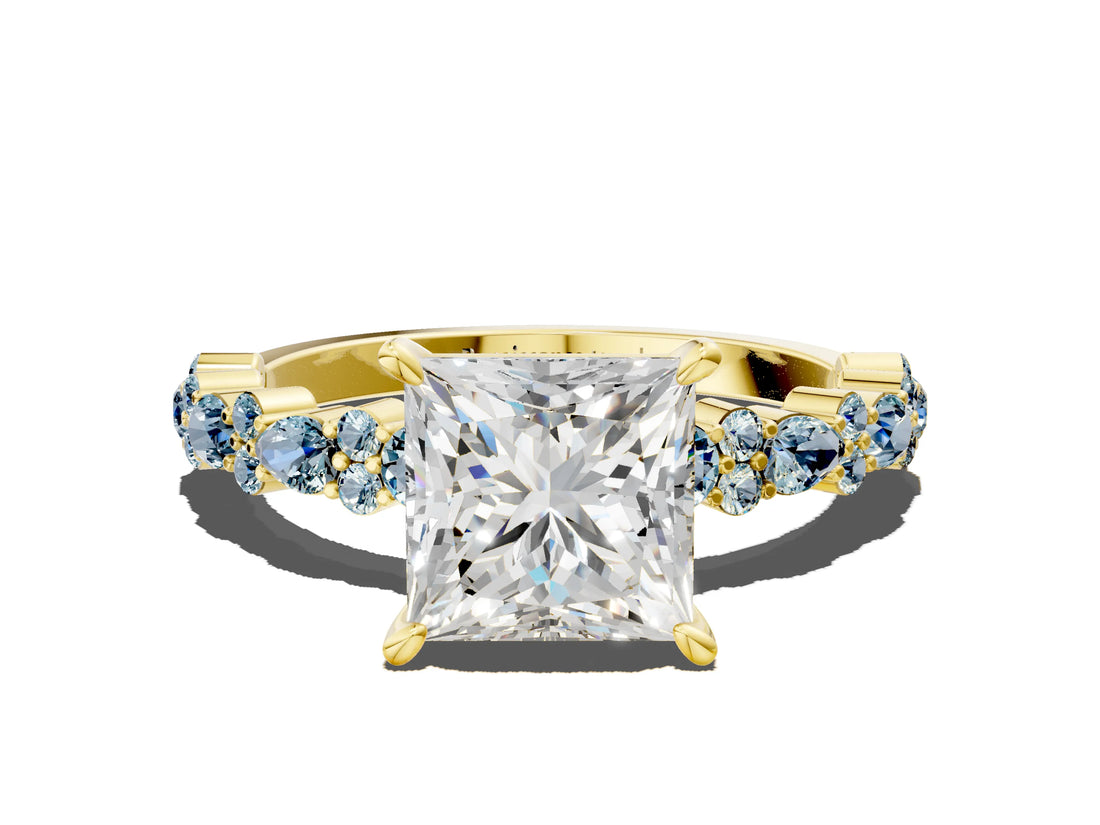 Yellow gold Princess Cut Diamond Side Stone Solitaire Ring with Round with Aquamarine side stone and Four-Prong Setting