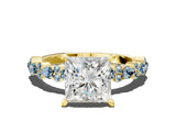 Yellow gold Princess Cut Diamond Side Stone Solitaire Ring with Round with Aquamarine side stone and Four-Prong Setting