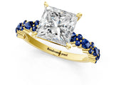 Yellow gold Princess Cut Diamond Side Stone Solitaire Ring with Round with Blue Sapphire side stone and Four-Prong Setting_1