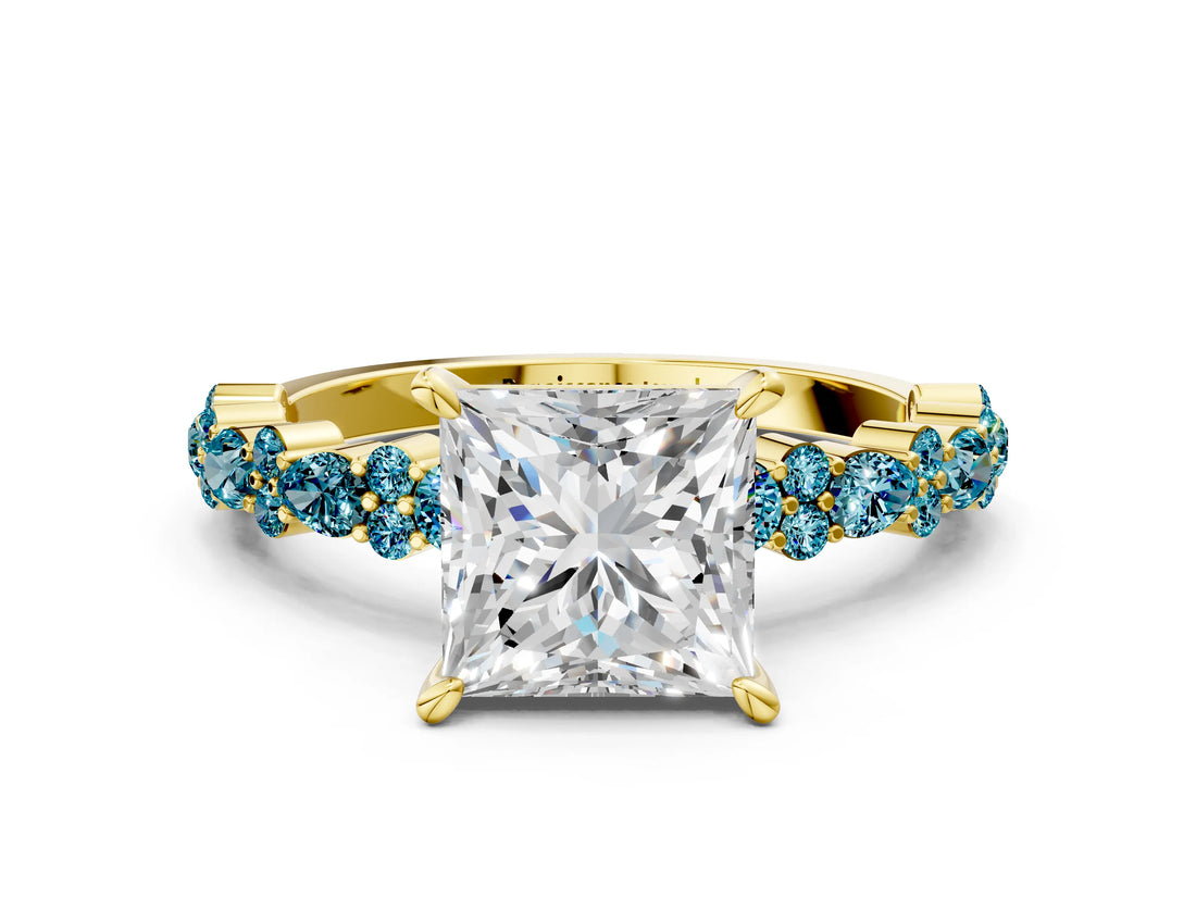 Yellow gold Princess Cut Diamond Side Stone Solitaire Ring with Round with Blue Topaz side stone and Four-Prong Setting