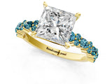 Yellow gold Princess Cut Diamond Side Stone Solitaire Ring with Round with Blue Topaz side stone and Four-Prong Setting_1