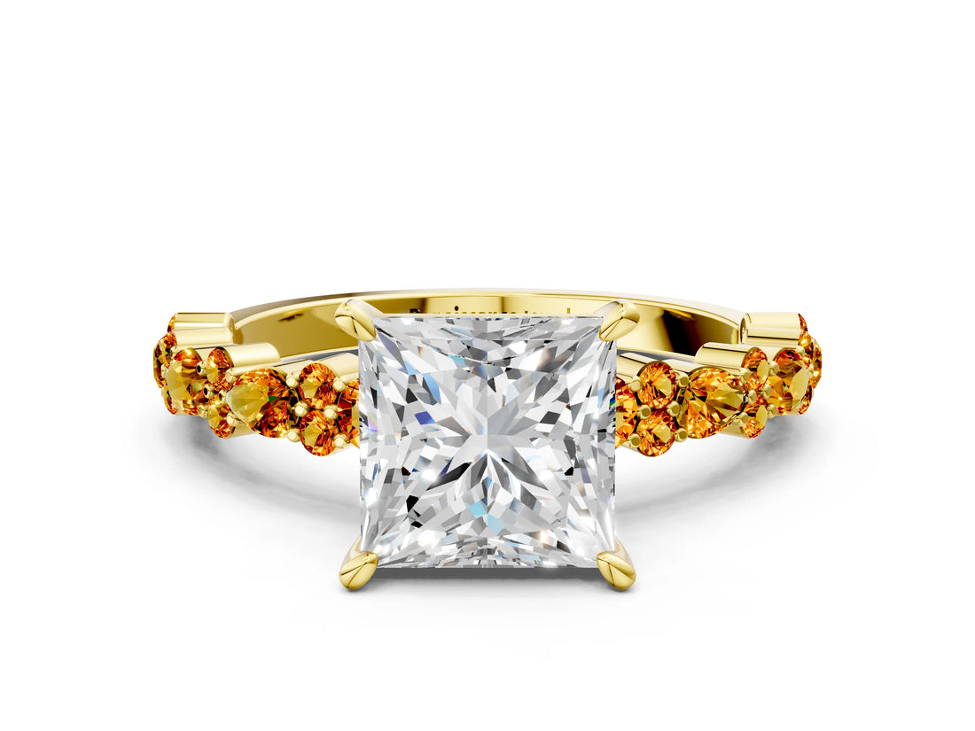 Yellow gold Princess Cut Diamond Side Stone Solitaire Ring with Round with Citrine side stone and Four-Prong Setting