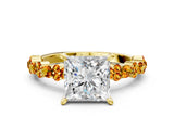 Yellow gold Princess Cut Diamond Side Stone Solitaire Ring with Round with Citrine side stone and Four-Prong Setting