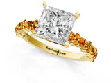 Yellow gold Princess Cut Diamond Side Stone Solitaire Ring with Round with Citrine side stone and Four-Prong Setting_1