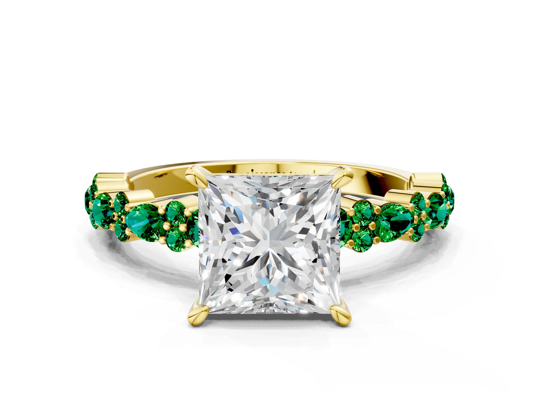 Yellow gold Princess Cut Diamond Side Stone Solitaire Ring with Round with Emerald side stone and Four-Prong Setting