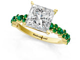 Yellow gold Princess Cut Diamond Side Stone Solitaire Ring with Round with Emerald side stone and Four-Prong Setting_1