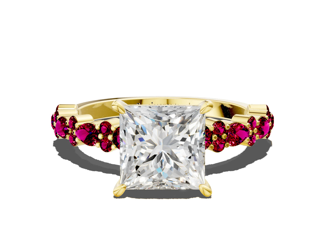 Yellow gold Princess Cut Diamond Side Stone Solitaire Ring with Round with Garnet side stone and Four-Prong Setting