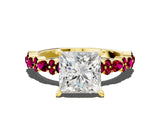 Yellow gold Princess Cut Diamond Side Stone Solitaire Ring with Round with Garnet side stone and Four-Prong Setting