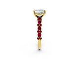 Yellow gold Princess Cut Diamond Side Stone Solitaire Ring with Round with Garnet side stone and Four-Prong Setting_2