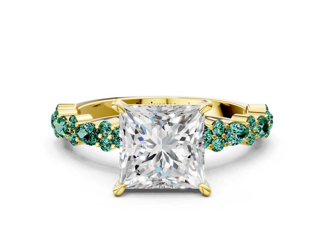 Yellow gold Princess Cut Diamond Side Stone Solitaire Ring with Round with Green Sapphire side stone and Four-Prong Setting