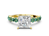 Yellow gold Princess Cut Diamond Side Stone Solitaire Ring with Round with Green Sapphire side stone and Four-Prong Setting