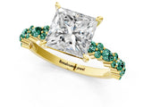 Yellow gold Princess Cut Diamond Side Stone Solitaire Ring with Round with Green Sapphire side stone and Four-Prong Setting_1