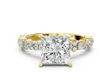 Yellow gold Princess Cut Diamond Side Stone Solitaire Ring with Round with Moissanite side stone and Four-Prong Setting