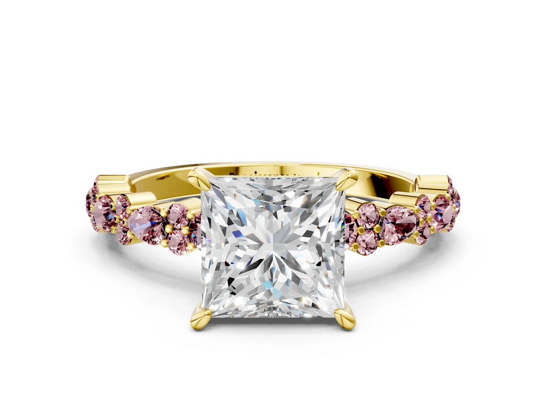 Yellow gold Princess Cut Diamond Side Stone Solitaire Ring with Round with Morganite side stone and Four-Prong Setting