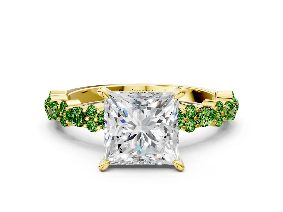 Yellow gold Princess Cut Diamond Side Stone Solitaire Ring with Round with Peridot side stone and Four-Prong Setting