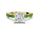 Yellow gold Princess Cut Diamond Side Stone Solitaire Ring with Round with Peridot side stone and Four-Prong Setting