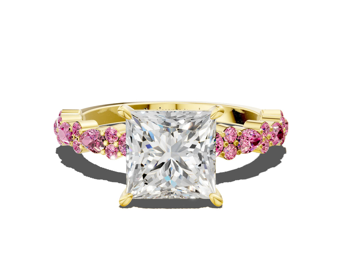 Yellow gold Princess Cut Diamond Side Stone Solitaire Ring with Round with Pink Sapphire side stone and Four-Prong Setting