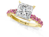 Yellow gold Princess Cut Diamond Side Stone Solitaire Ring with Round with Pink Sapphire side stone and Four-Prong Setting_1
