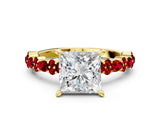 Yellow gold Princess Cut Diamond Side Stone Solitaire Ring with Round with Ruby side stone and Four-Prong Setting