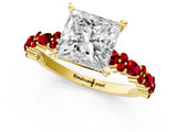 Yellow gold Princess Cut Diamond Side Stone Solitaire Ring with Round with Ruby side stone and Four-Prong Setting_1