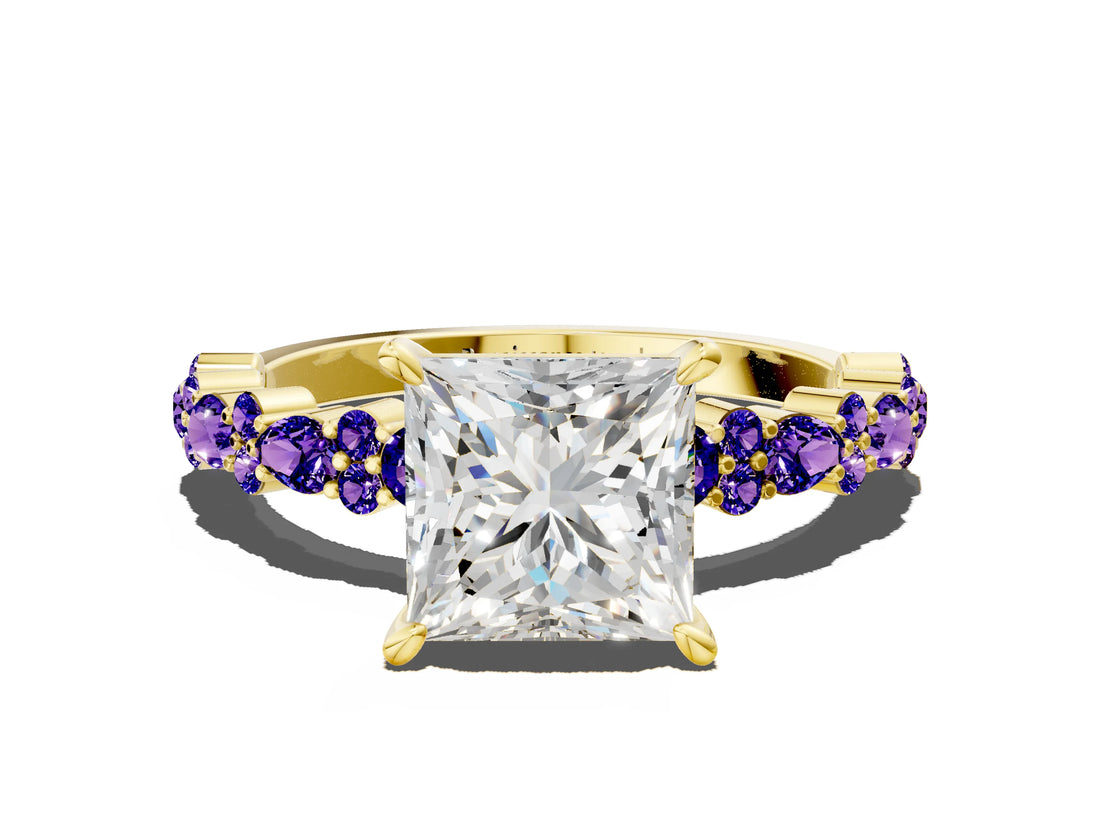 Yellow gold Princess Cut Diamond Side Stone Solitaire Ring with Round with Tanzanite side stone and Four-Prong Setting