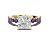 Yellow gold Princess Cut Diamond Side Stone Solitaire Ring with Round with Tanzanite side stone and Four-Prong Setting