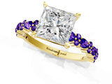 Yellow gold Princess Cut Diamond Side Stone Solitaire Ring with Round with Tanzanite side stone and Four-Prong Setting_1