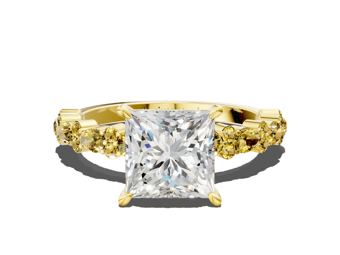 Yellow gold Princess Cut Diamond Side Stone Solitaire Ring with Round with Yellow Sapphire side stone and Four-Prong Setting