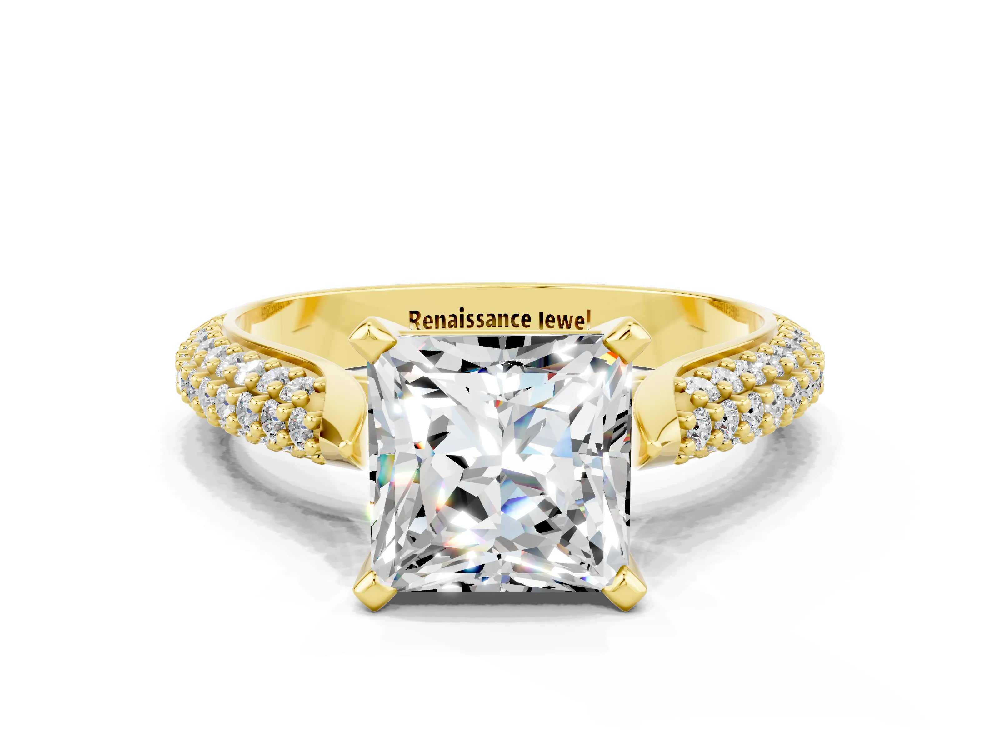 Yellow gold Princess Cut Diamond Solitaire Engagement Ring with Pavé Band and Four-Prong Setting