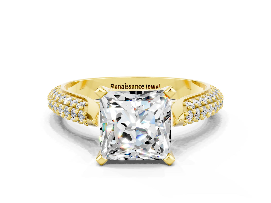 Yellow gold Princess Cut Diamond Solitaire Engagement Ring with Pavé Band and Four-Prong Setting