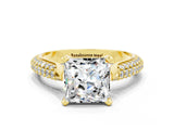 Yellow gold Princess Cut Diamond Solitaire Engagement Ring with Pavé Band and Four-Prong Setting