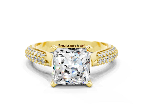 Yellow gold Princess Cut Moissanite Solitaire Engagement Ring with Multi-Row Round Pavé Band and Prong Setting