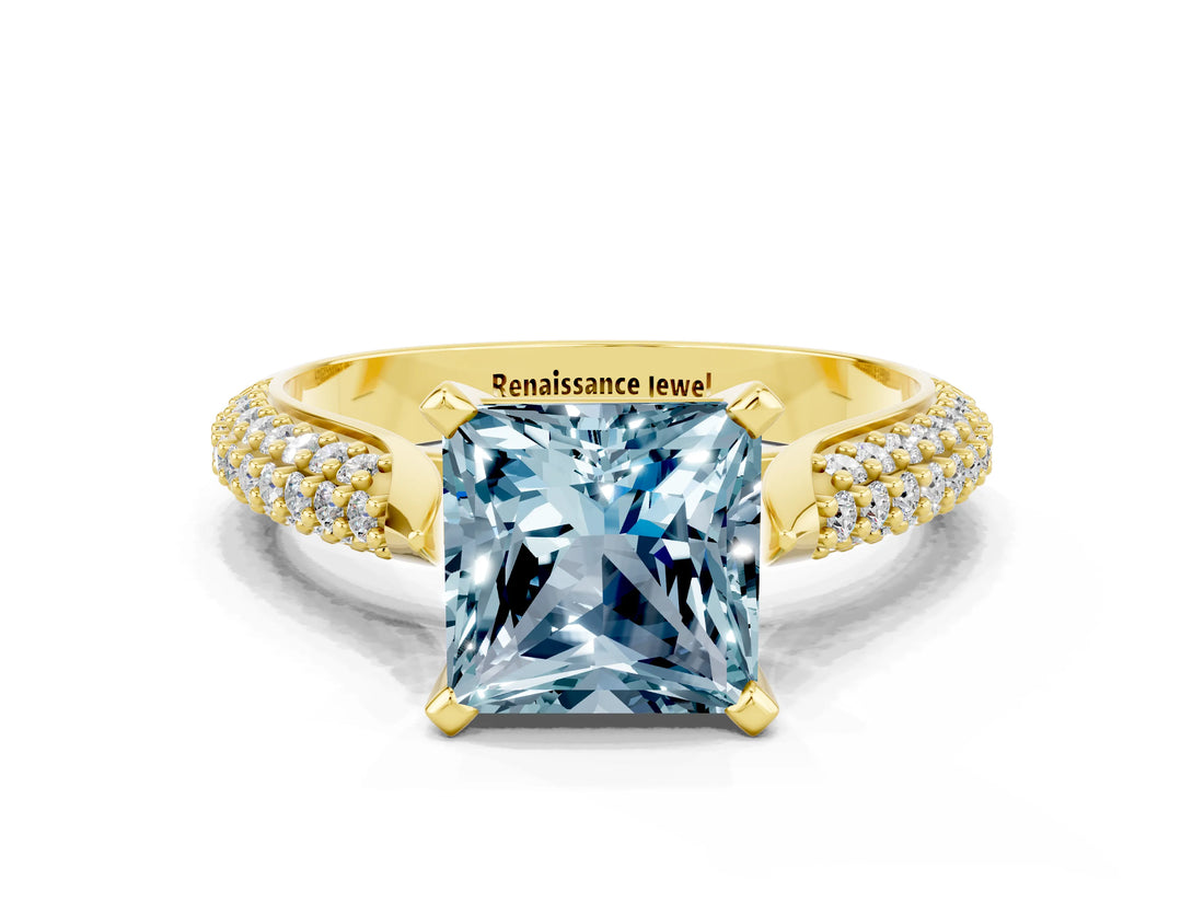 Yellow gold Princess Cut Diamond Solitaire Engagement Ring with Pavé Band and Four-Prong Setting