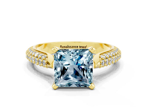 Yellow gold Princess Cut Diamond Solitaire Engagement Ring with Pavé Band and Four-Prong Setting